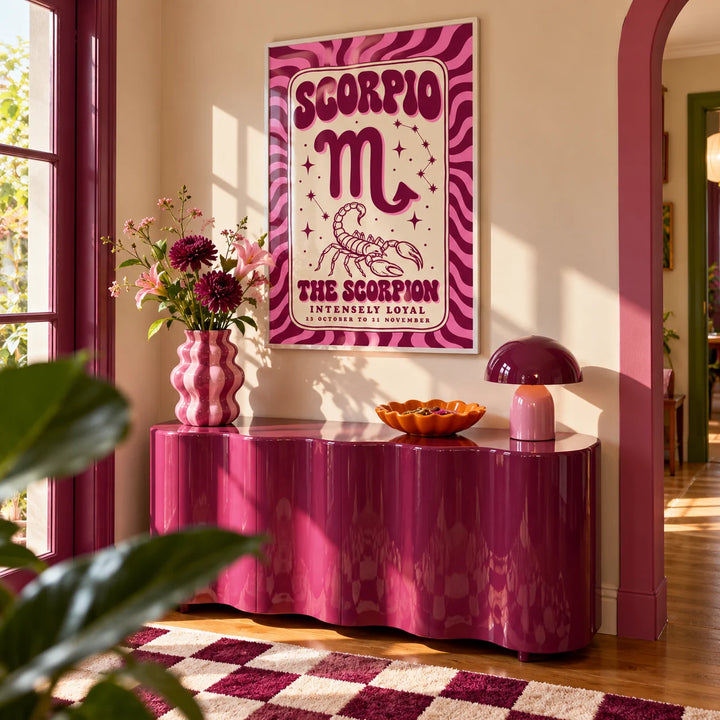 Scorpio Print, framed on the wall of a fun hallway
