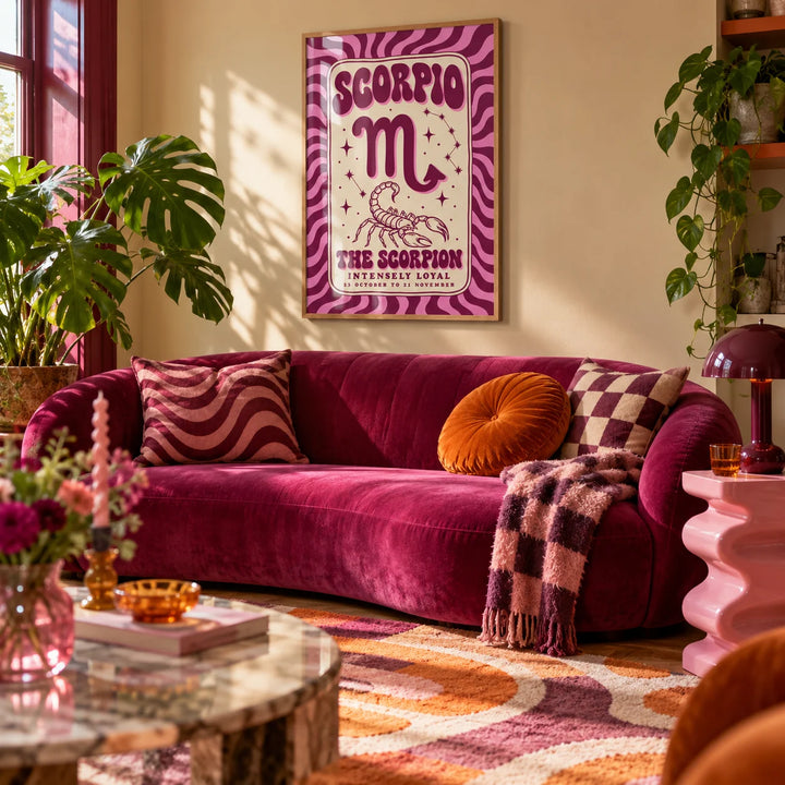 Scorpio Print, framed on the wall of a maximalist living room