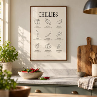 Scoville Scale Print, framed on the wall of a calm modern kitchen