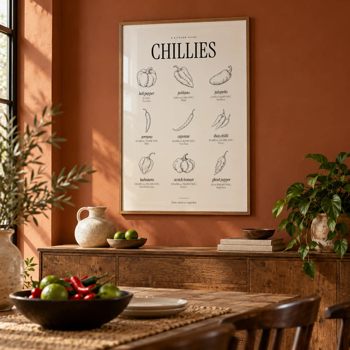 Scoville Scale Print, framed on the wall of a dining room with warm terracotta walls