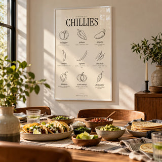 Scoville Scale Print, framed on the wall of a relaxed dining room set for taco night