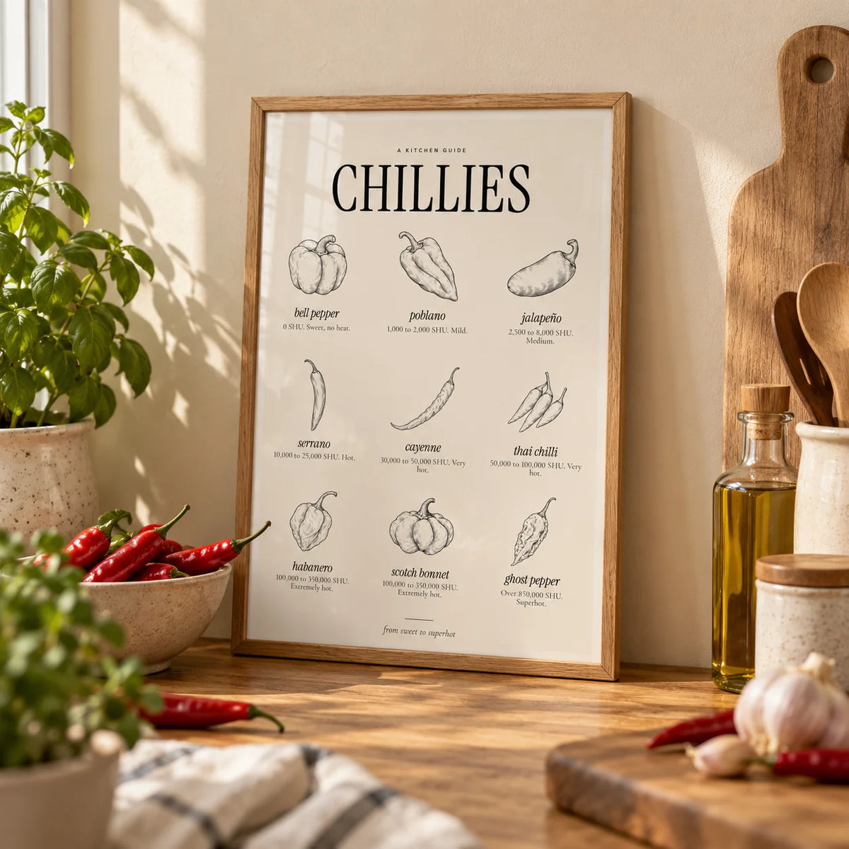 Scoville Scale Print, a small A4 framed print leaning on an oak worktop in a kitchen