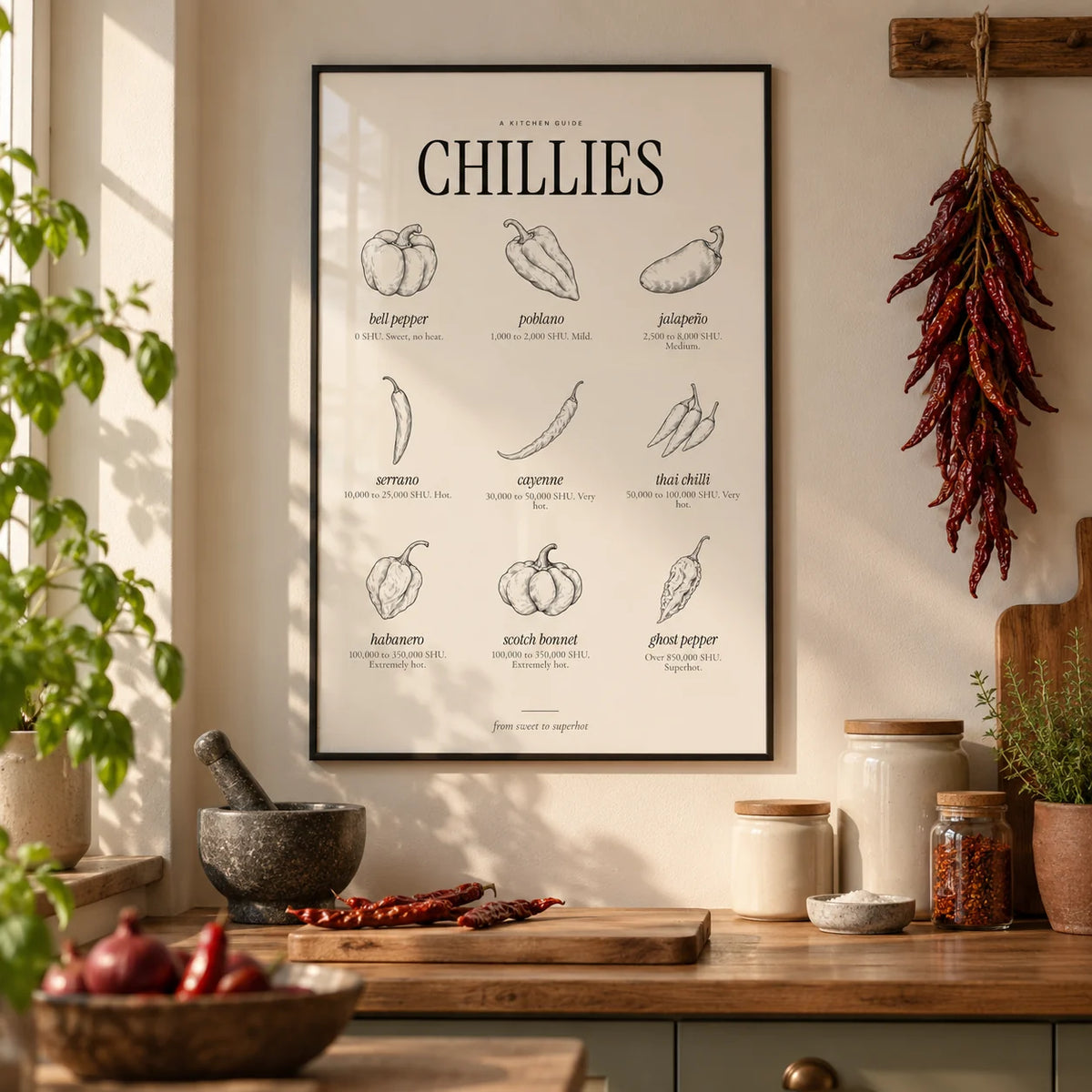 Scoville Scale Print, framed on the wall of a warm kitchen