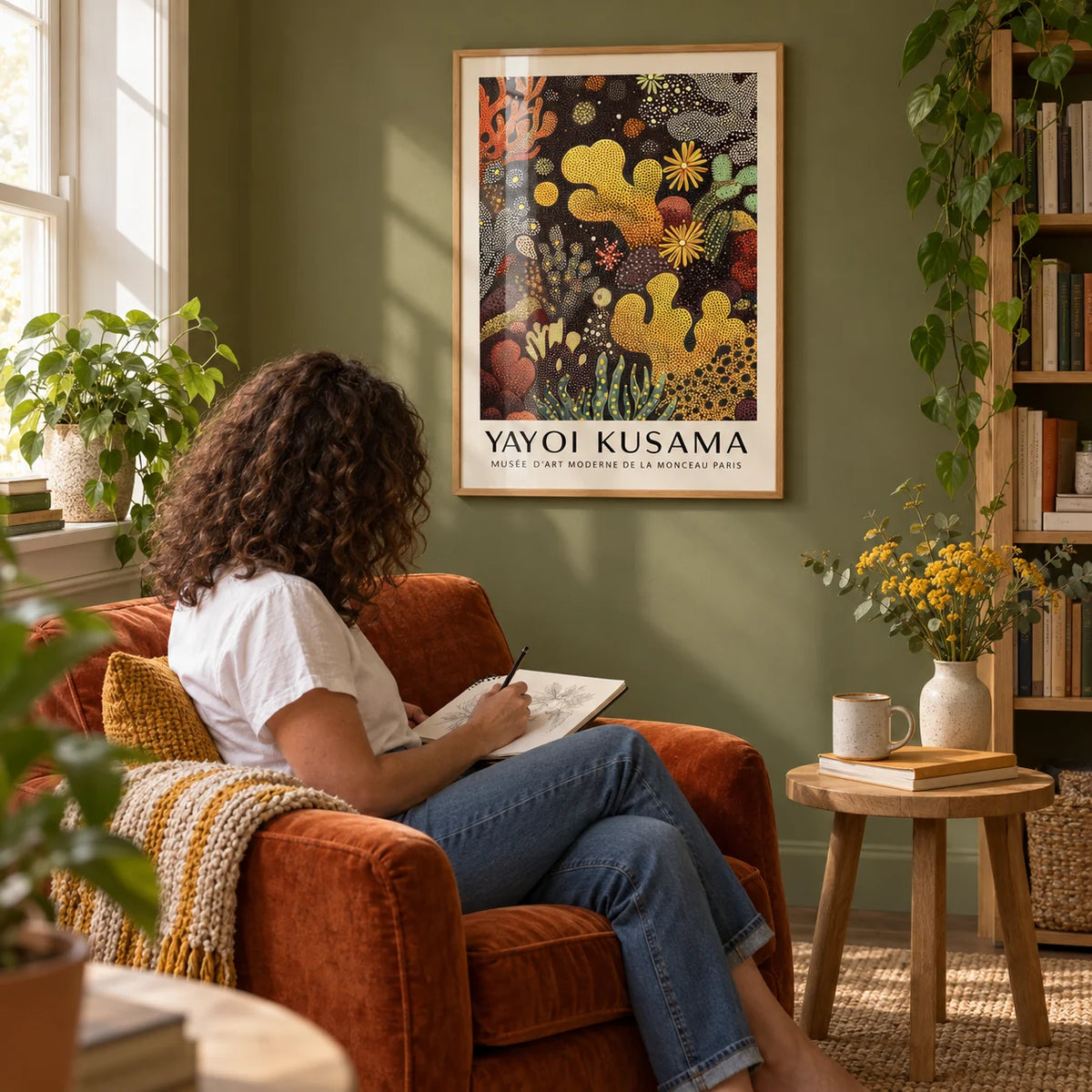 Sea Life Art, framed on the wall of a cosy reading corner with an olive green wall in a living room