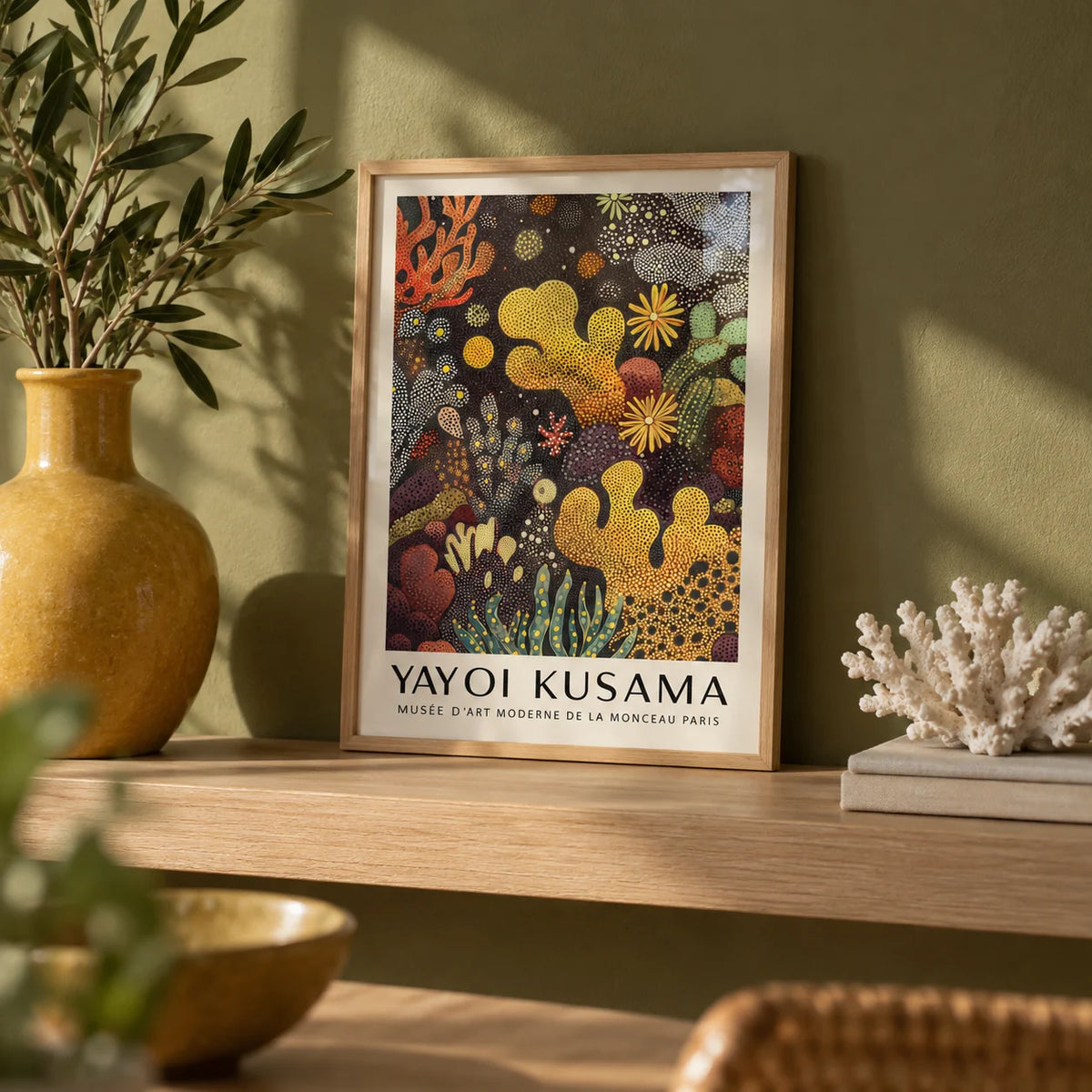 Sea Life Art, a small A4 framed print leaning on a pale oak shelf in a living room