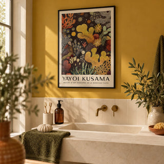 Sea Life Art, framed on the wall of a warm modern bathroom with a mustard yellow painted wall and plain cream tiles