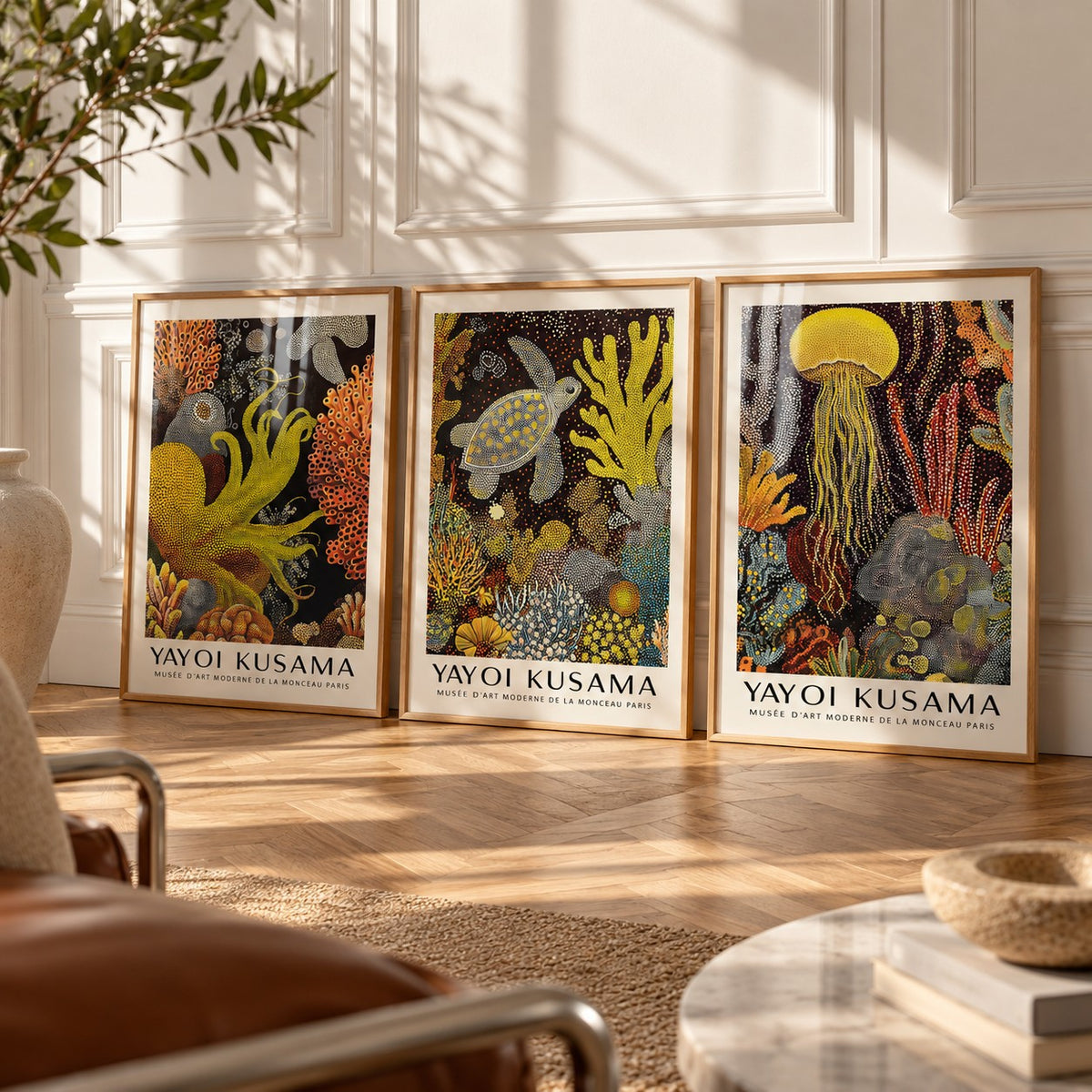 Sea Life Prints Set of 3 styled leaning against a white panelled wall on herringbone parquet: Golden Tentacle, Turtle Drift and Luminous Drift shown framed side by side (frames not included)