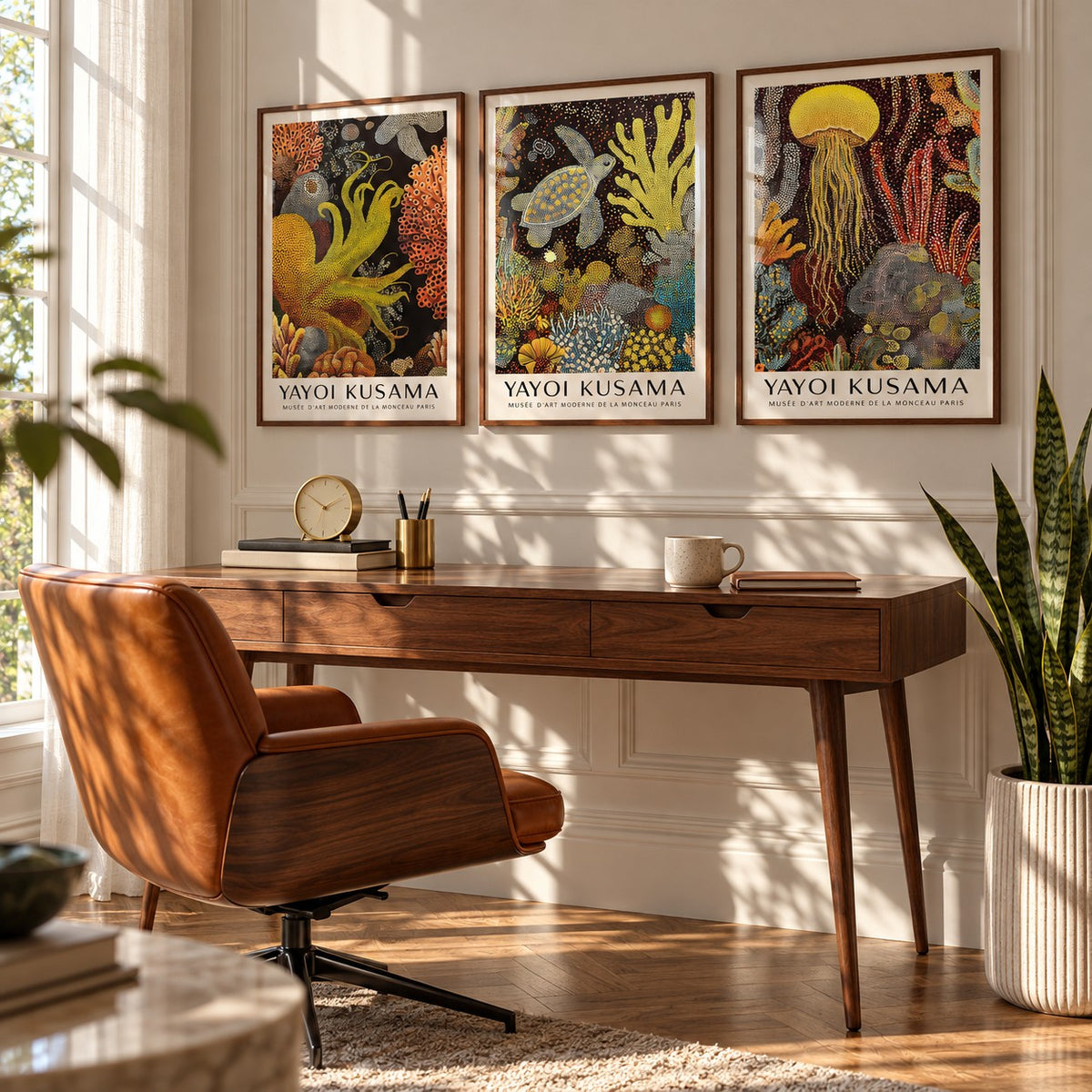 Sea Life Prints Set of 3 styled above a walnut desk with a cognac leather chair in a mid-century study: Golden Tentacle, Turtle Drift and Luminous Drift shown framed side by side (frames not included)