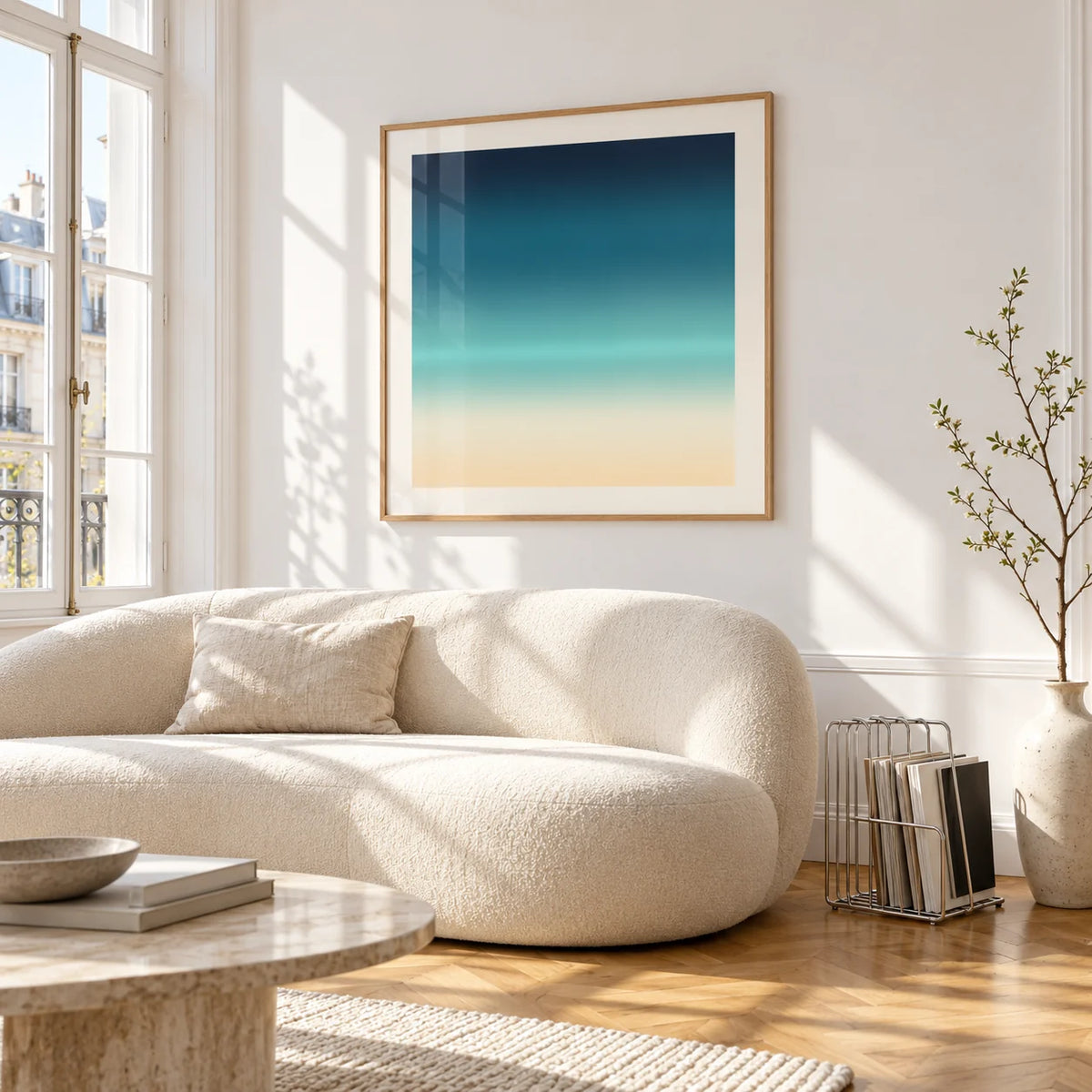 Sea Print, framed on the wall of a bright living room corner