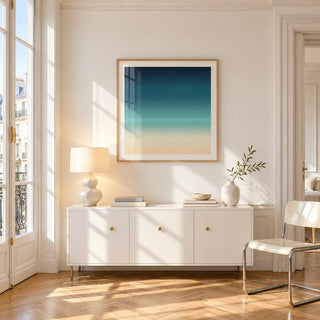 Sea Print, framed on the wall of a bright Paris style apartment in a living room