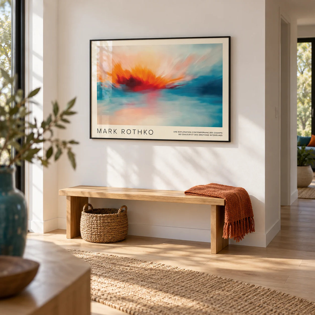 Sea Scape Wall Art, framed on the wall of a bright modern hallway with a white wall and a pale oak floor