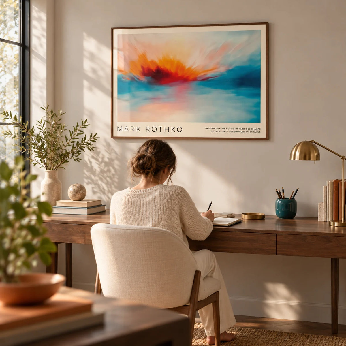 Sea Scape Wall Art, framed on the wall of a design-led home office with a pale warm grey wall