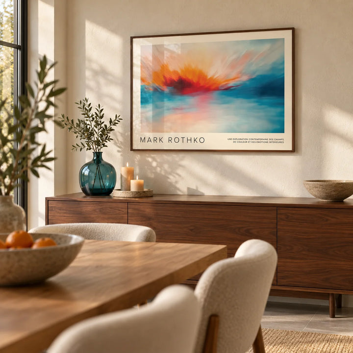 Sea Scape Wall Art, framed on the wall of a modern dining room with a limewashed cream wall