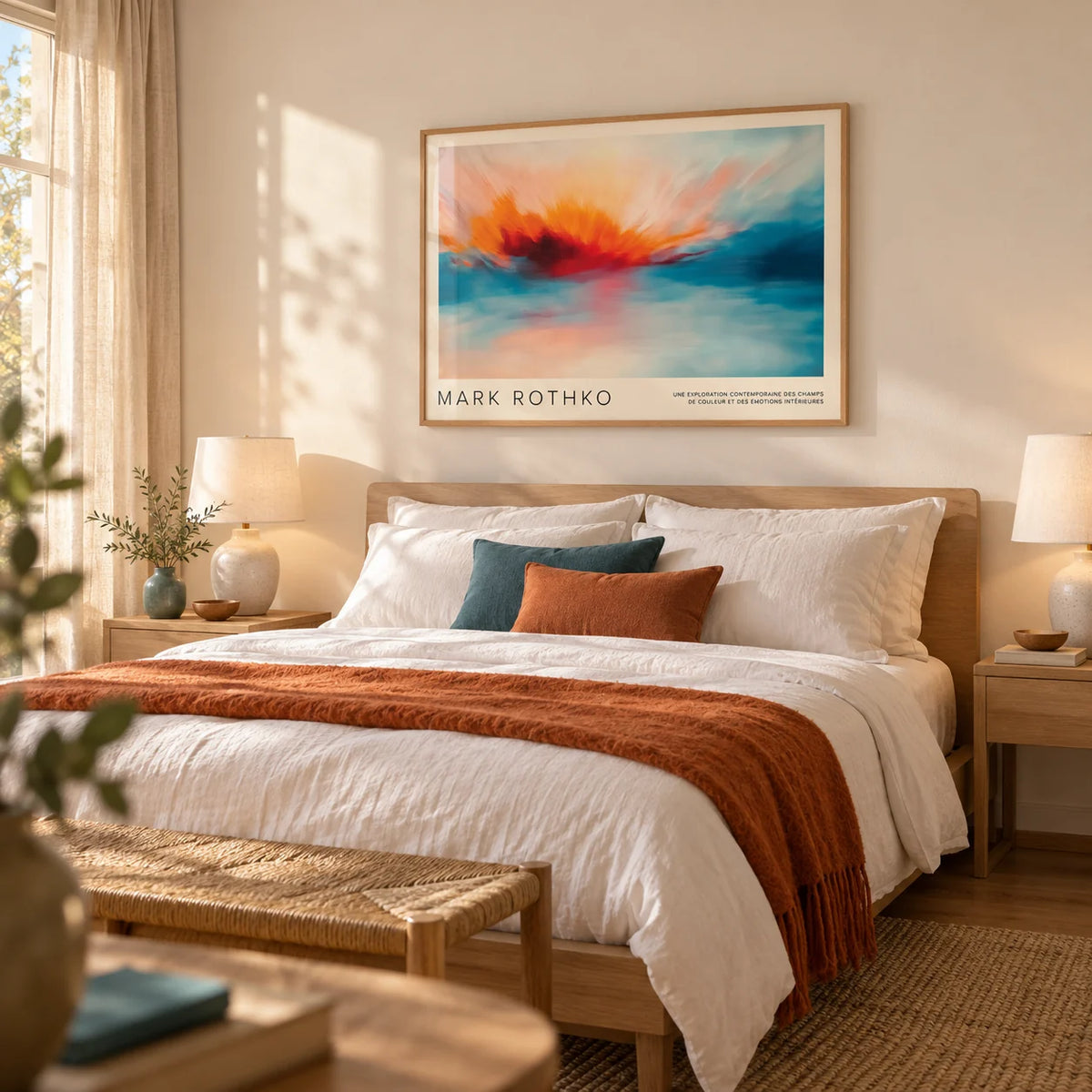 Sea Scape Wall Art, framed on the wall of a serene modern bedroom with a soft cream wall