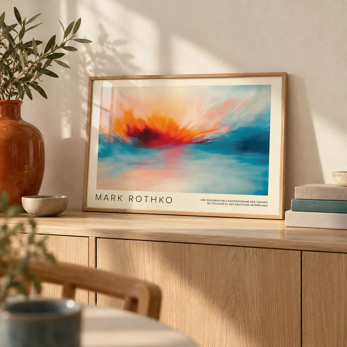 Sea Scape Wall Art, a small A4 framed print leaning on a pale oak sideboard in a living room