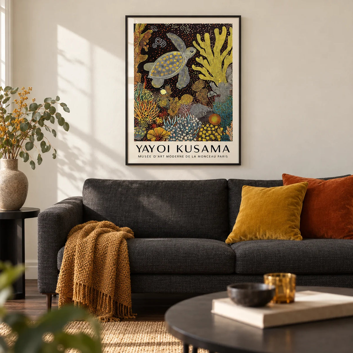 Sea Turtle Wall Art, framed on the wall of a modern living room with a warm white wall and a dark oak floor