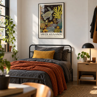Sea Turtle Wall Art, framed on the wall of a modern single bedroom for a young adult (18-25) with a white wall