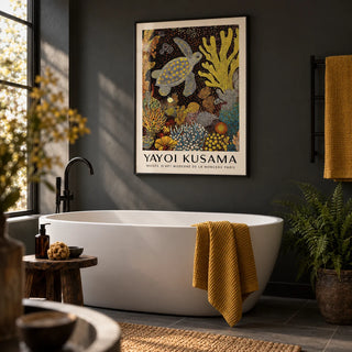 Sea Turtle Wall Art, framed on the wall of a moody modern bathroom with a charcoal painted wall and a white freestanding bath