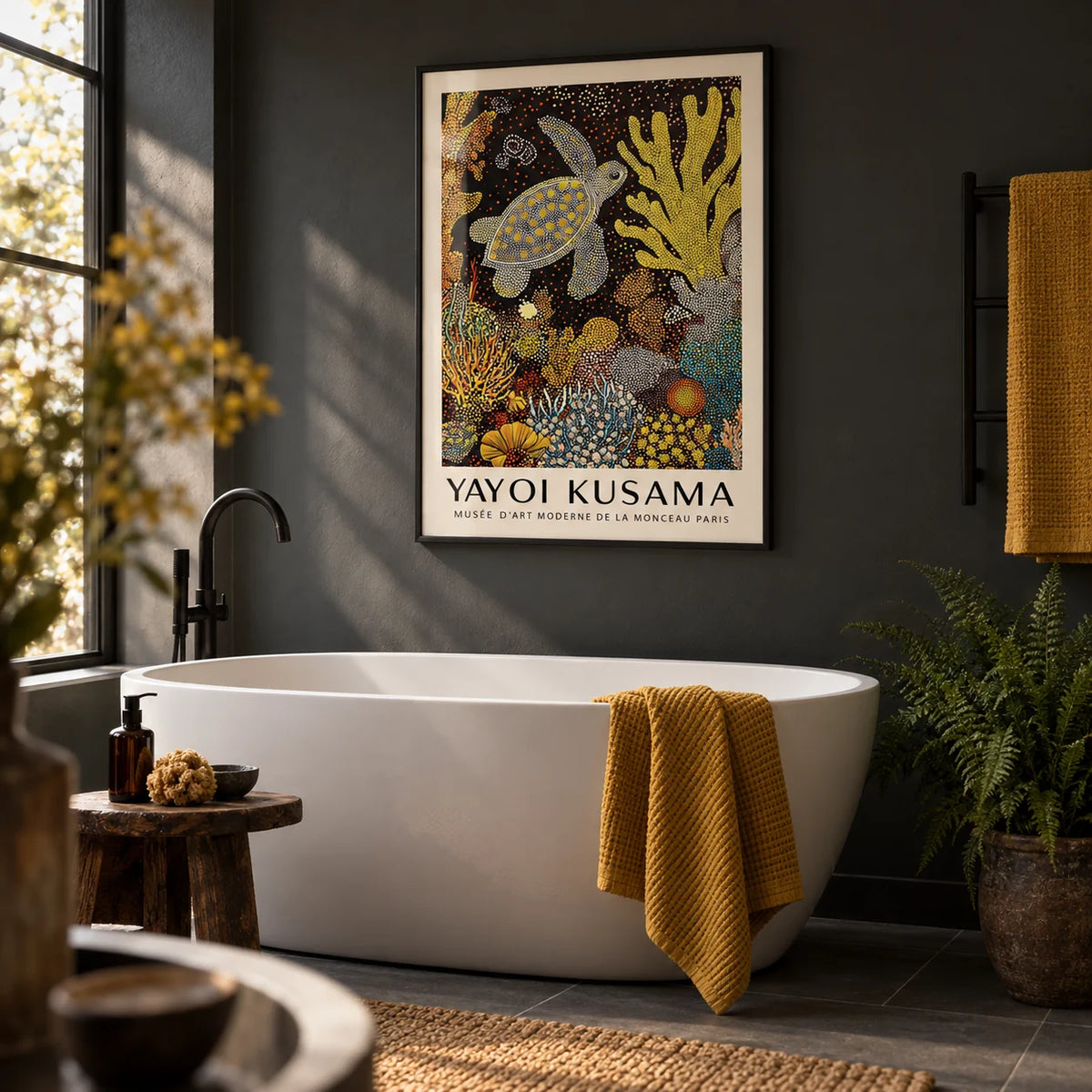 Sea Turtle Wall Art, framed on the wall of a moody modern bathroom with a charcoal painted wall and a white freestanding bath