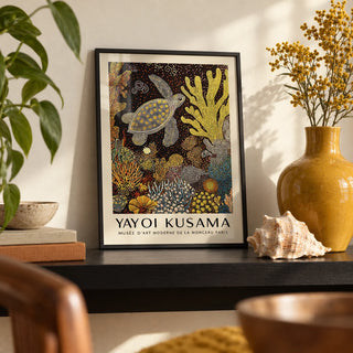 Sea Turtle Wall Art, a small A4 framed print leaning on a black shelf in a living room