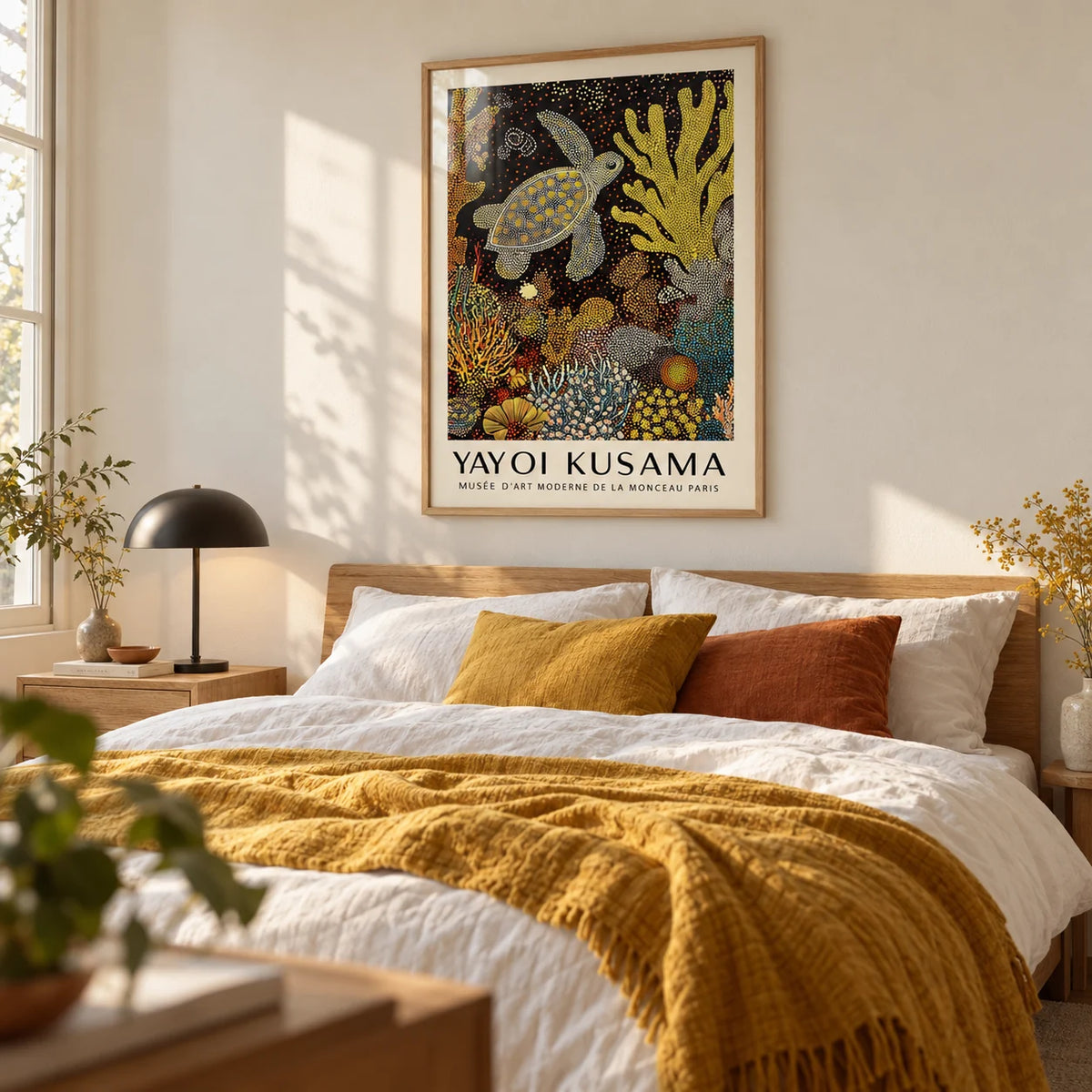 Sea Turtle Wall Art, framed on the wall of a warm modern bedroom with a soft cream wall
