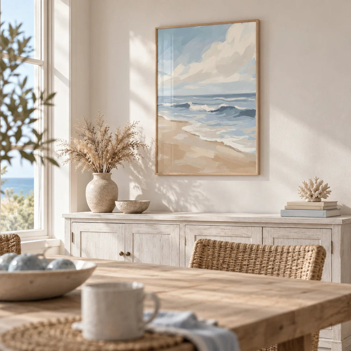 Seascape Poster, framed on the wall of a bright coastal dining room