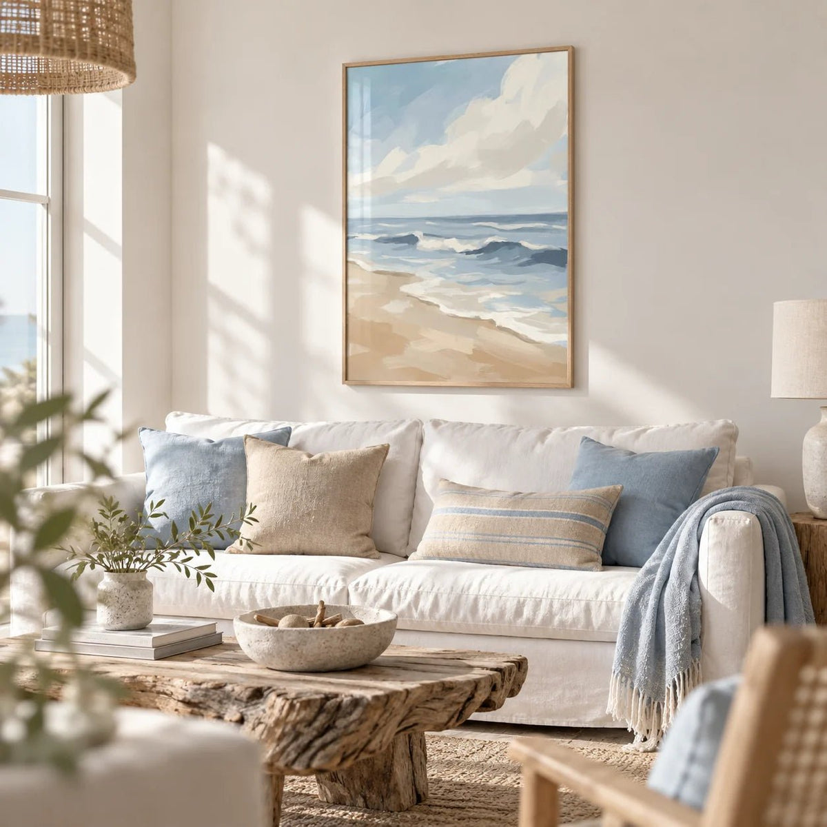 Seascape Poster, framed on the wall of a calm seaside living room