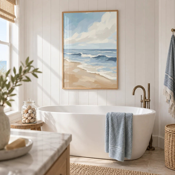 Seascape Poster, framed on the wall of a light coastal bathroom