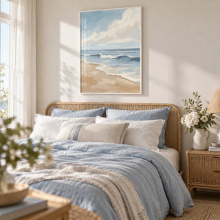 Seascape Poster, framed on the wall of a light coastal bedroom