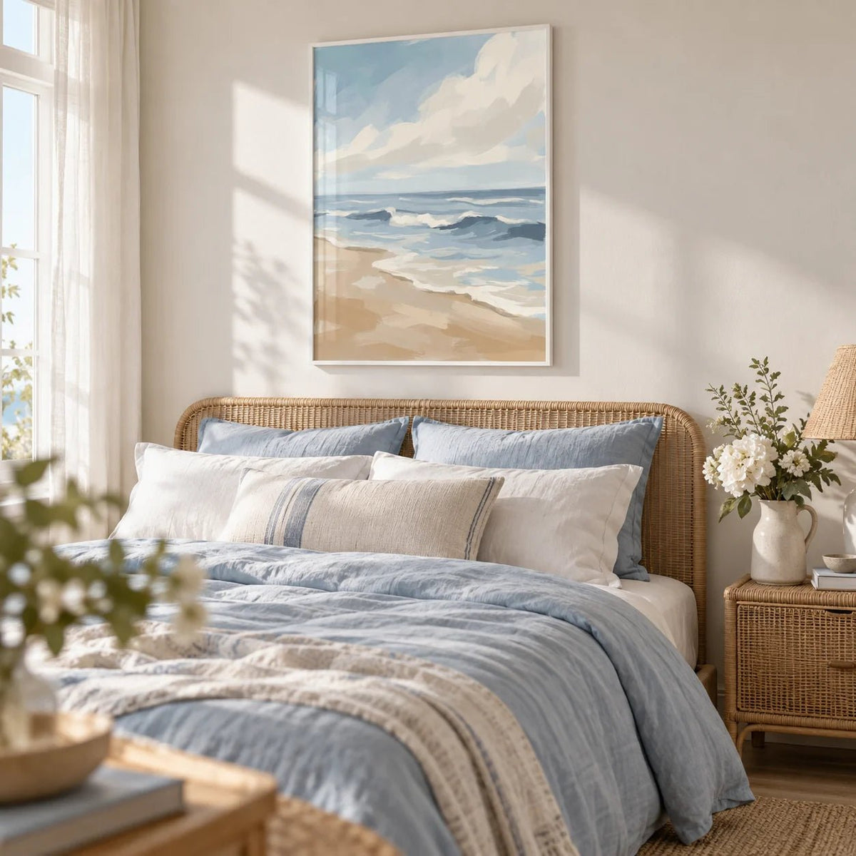 Seascape Poster, framed on the wall of a light coastal bedroom