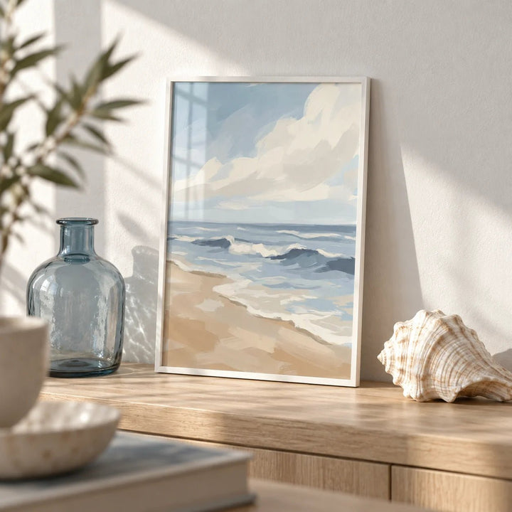 Seascape Poster, a small A4 framed print leaning on a pale oak shelf in a living room