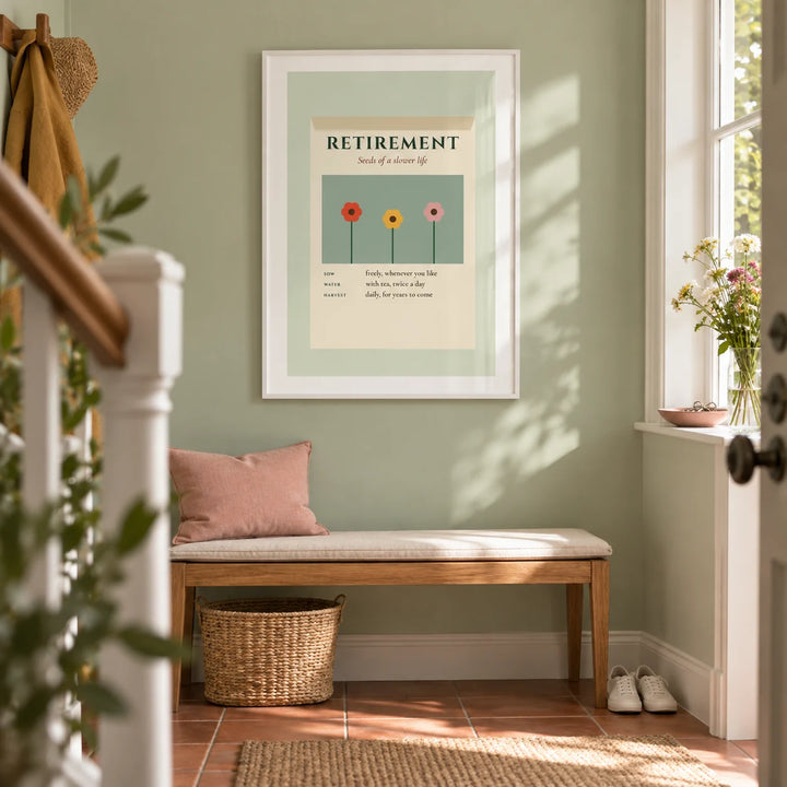 Seed Packet Poster, framed on the wall of a bright entrance hallway in a UK garden suburb home with a pale sage green wall and plain terracotta floor