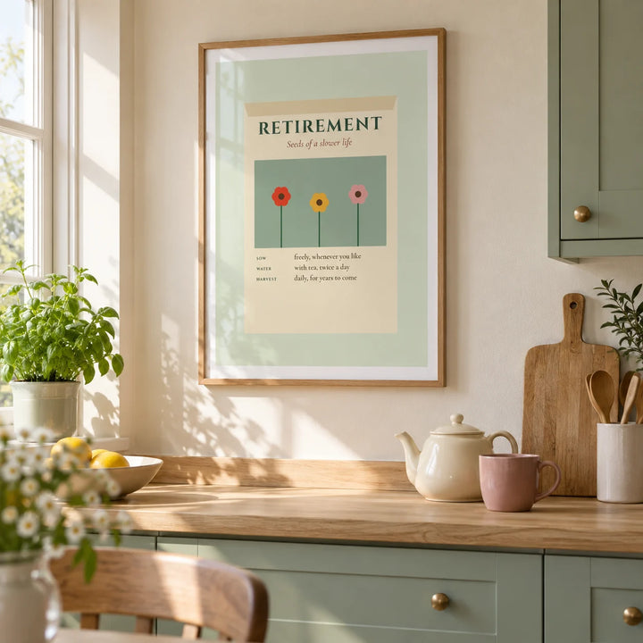 Seed Packet Poster, framed on the wall of a bright kitchen in a retired couple's UK home with plain sage green cabinets and a warm white wall