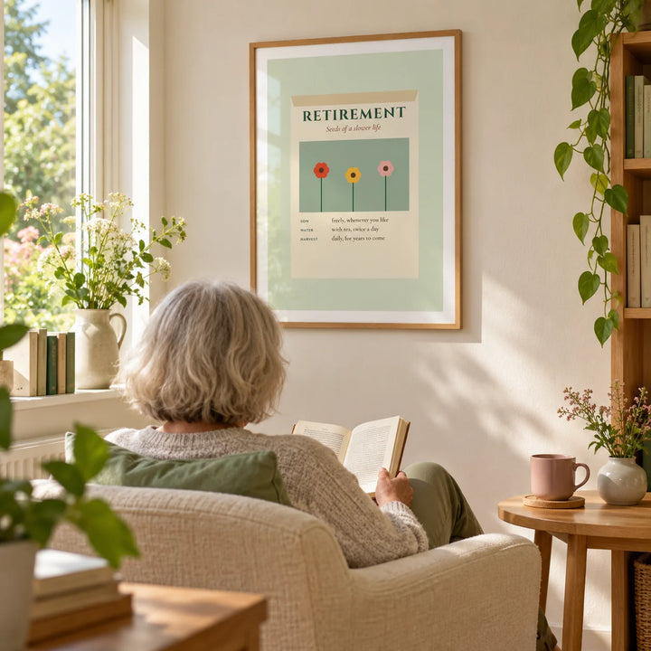 Seed Packet Poster, framed on the wall of a quiet garden-facing reading room in a UK bungalow with a warm white plaster wall and simple oak furniture in a living room