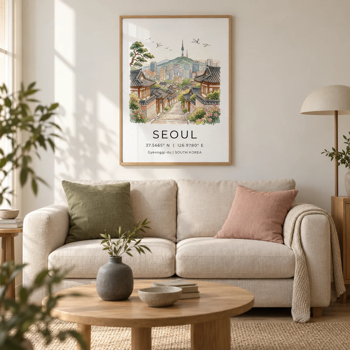 Seoul Landscape Art Print, framed on the wall of a calm Japandi living room in a UK city flat with warm white walls and a pale oak floor