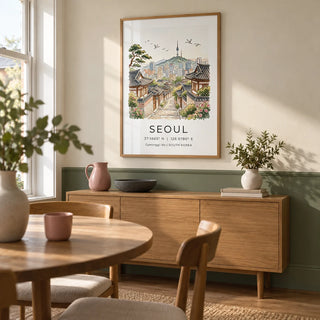 Seoul Landscape Art Print, framed on the wall of a compact dining room in a UK terrace with warm white walls and a solid sage green lower wall
