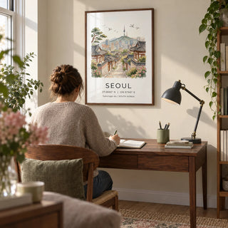 Seoul Landscape Art Print, framed on the wall of a quiet home study in a UK flat with a pale beige wall and an oak floor