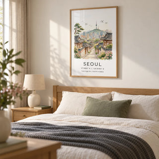 Seoul Landscape Art Print, framed on the wall of a restful bedroom in a UK home with a soft warm white wall and simple oak furniture