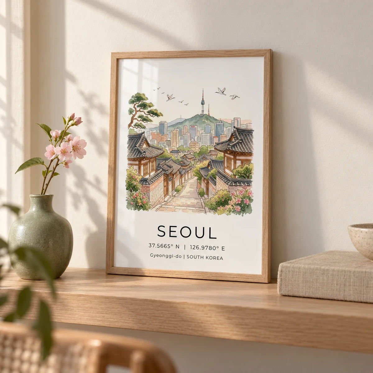 Seoul Landscape Art Print, a small A4 framed print leaning on a pale oak shelf in a living room
