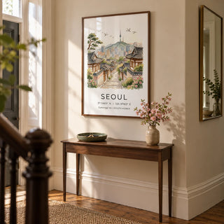 Seoul Landscape Art Print, framed on the wall of a welcoming hallway in a Victorian terrace with pale stone walls and warm timber floorboards