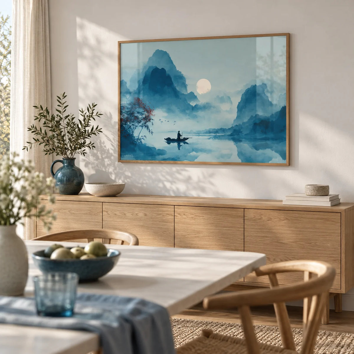 Serene Nature Poster, framed on the wall of a calm dining room with a white wall