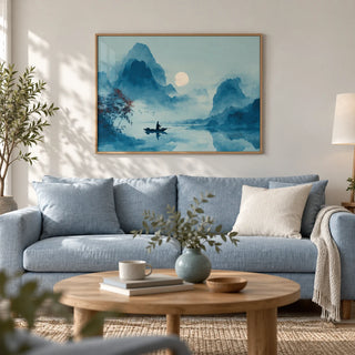 Serene Nature Poster, framed on the wall of a calm living room with a soft white wall