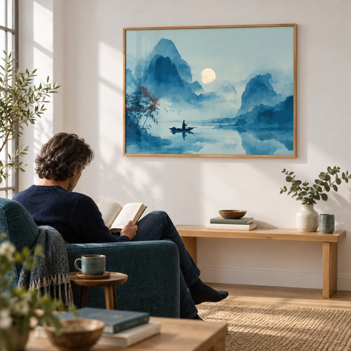 Serene Nature Poster, framed on the wall of a calm reading corner with a white wall in a living room