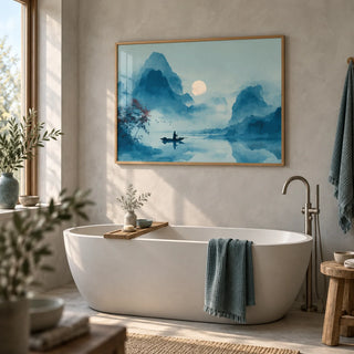 Serene Nature Poster, framed on the wall of a calm spa bathroom with pale grey microcement walls
