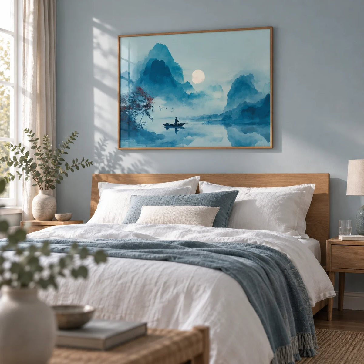 Serene Nature Poster, framed on the wall of a serene bedroom with a pale blue-grey wall