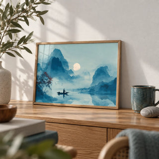 Serene Nature Poster, a small A4 framed print leaning on an oak sideboard in a living room