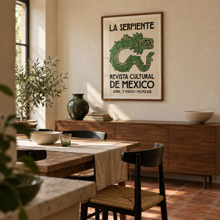 Serpent Cultural Art Print, framed on the wall of a characterful modern dining room in a UK flat with warm ivory plaster walls and terracotta floor tiles