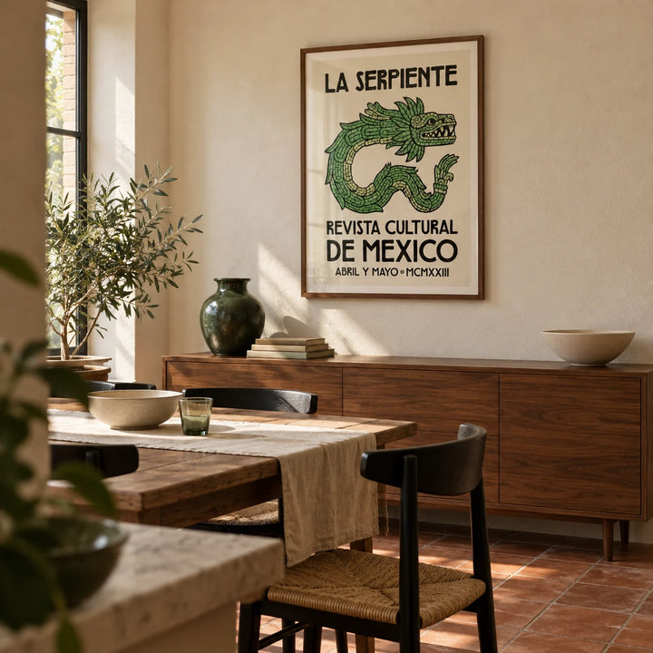 Serpent Cultural Art Print, framed on the wall of a characterful modern dining room in a UK flat with warm ivory plaster walls and terracotta floor tiles