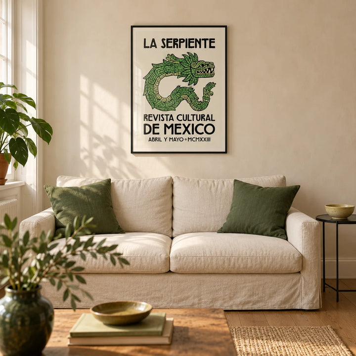 Serpent Cultural Art Print, framed on the wall of a warm Mexican-modern living room in a UK terraced house with cream limewashed walls and an oak floor
