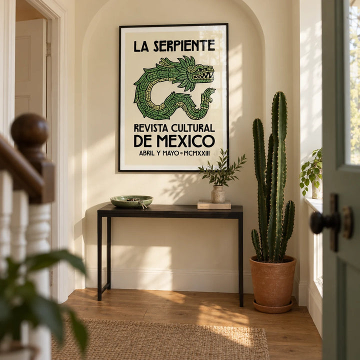 Serpent Cultural Art Print, framed on the wall of a welcoming hallway in a renovated UK terrace with a shallow arched niche and warm cream walls